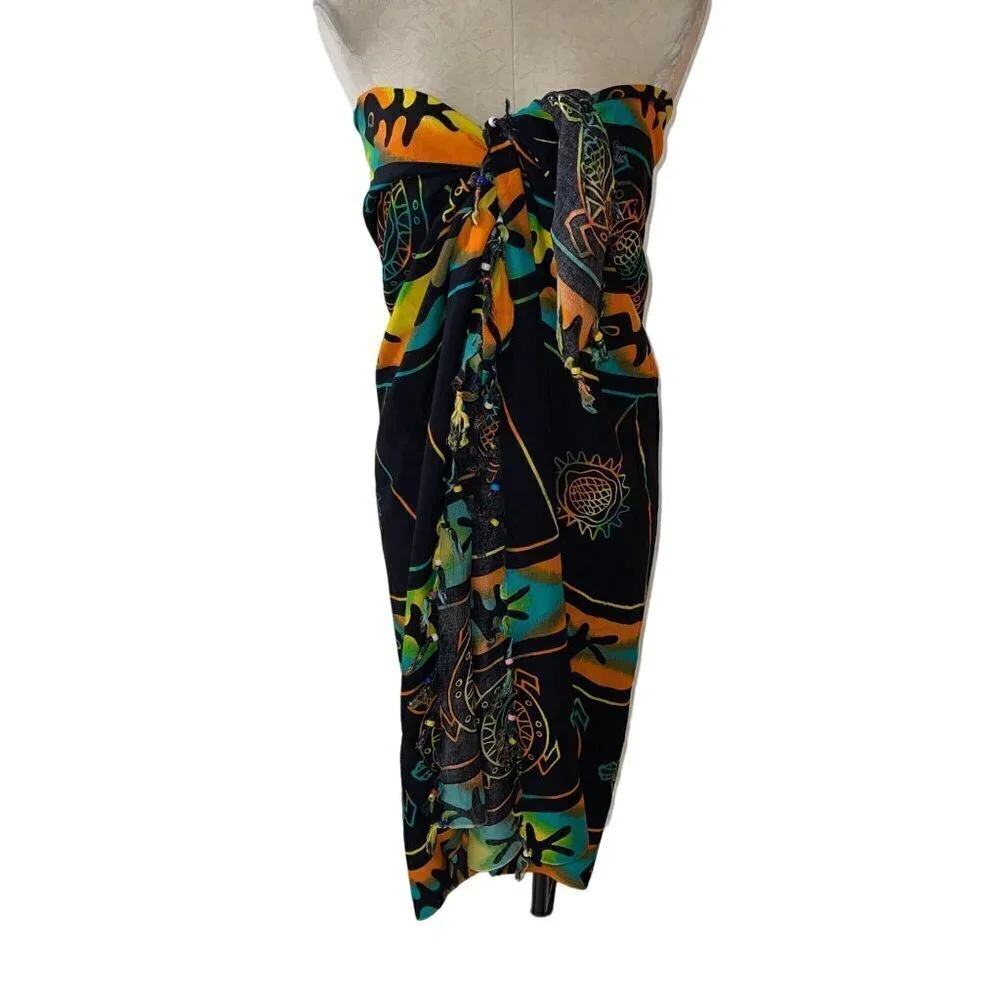 Vintage 90s Womens Scarf One Size Multicolor Wrap Swim Cover Up Beaded Fringe